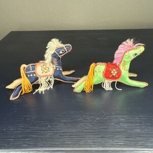 Vintage Horse Satin Embroidered China Hand Made Set Of‎ Two